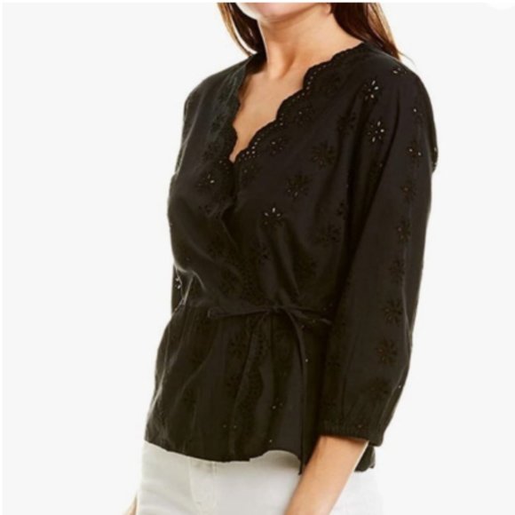 Madewell Scalloped Eyelet Wrap Top Belted / Tie Waist Black - Picture 2 of 5